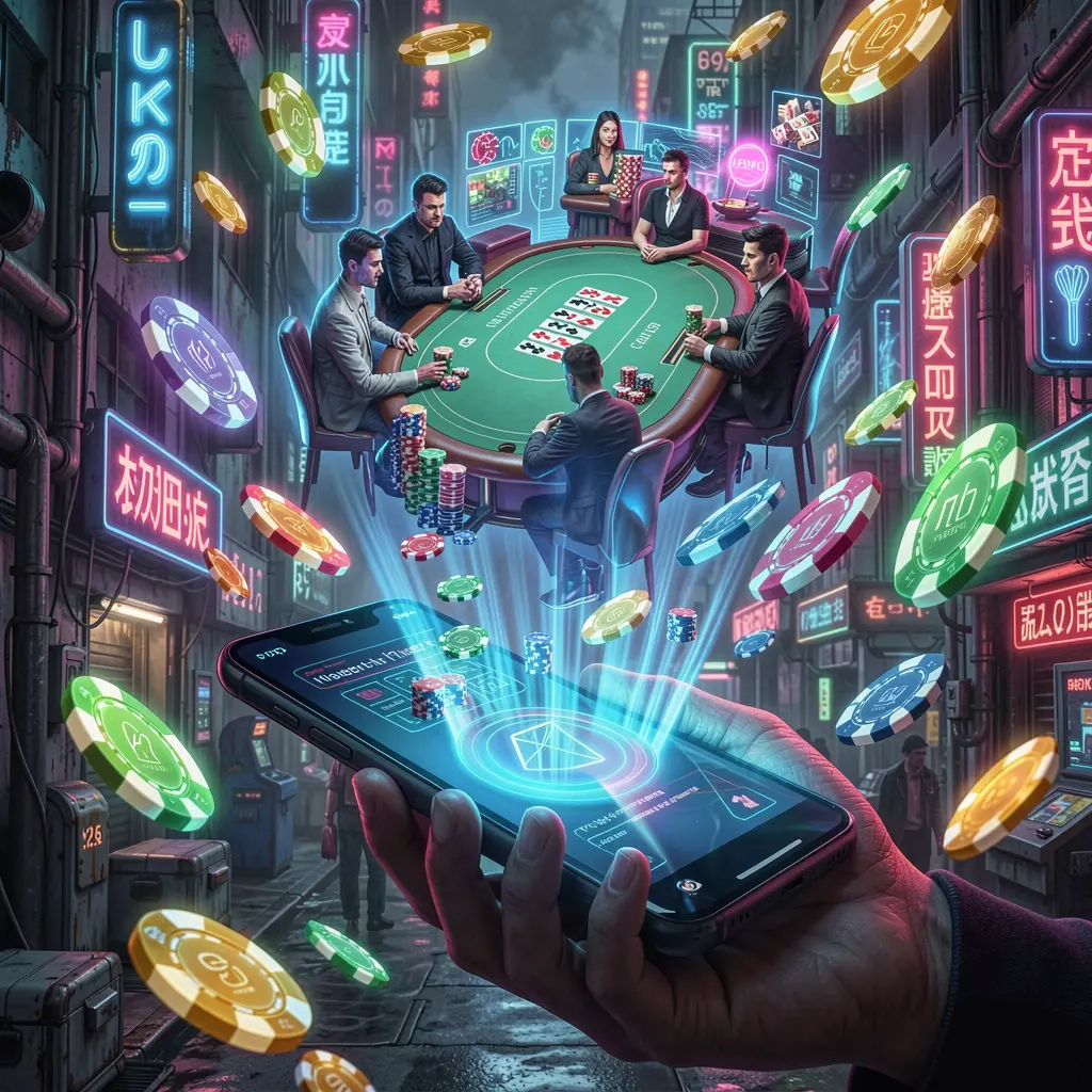 Futuristic casino scene with glowing chips and a smartphone displaying the 2KBD app in a cinematic cyberpunk style
