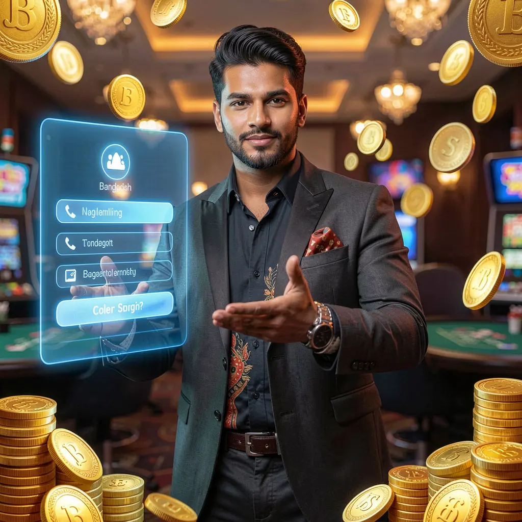 2KBD Login – Trusted and smooth account access for players in Bangladesh Elegant Bangladeshi casino dealer reaching out in front of a glowing 2KBD login interface with golden coins emphasizing trusted account access