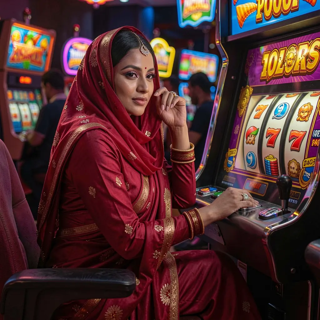Focused player enjoying vibrant slot machine action with glowing symbols and cinematic lighting at 2KBD online casino in Bangladesh